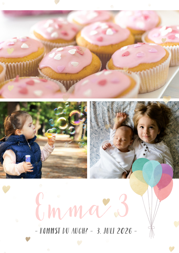 Kindergeburtstag - Einladung 3. Kindergeburtstag mit Fotos und Herzen