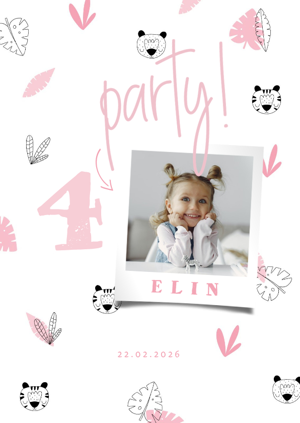 Kindergeburtstag - Einladung 4. Kindergeburtstag rosa Dschungel Muster und Foto