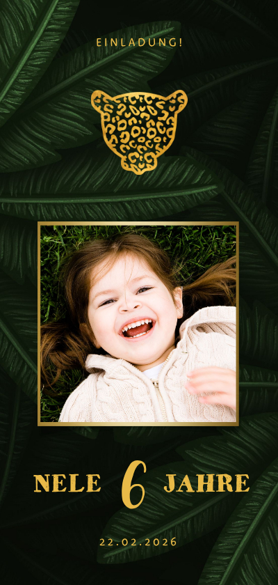 Kindergeburtstag - Einladung 6. Kindergeburtstag Dschungel Blätter und Foto