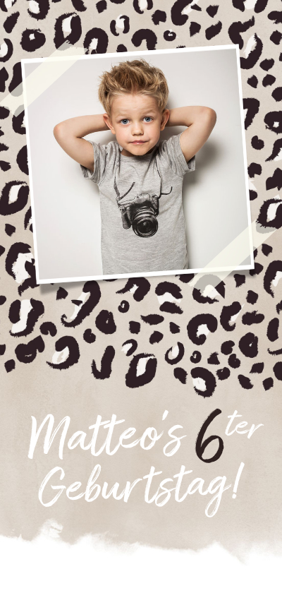 Kindergeburtstag - Einladung 6. Kindergeburtstag Foto Leopard beige