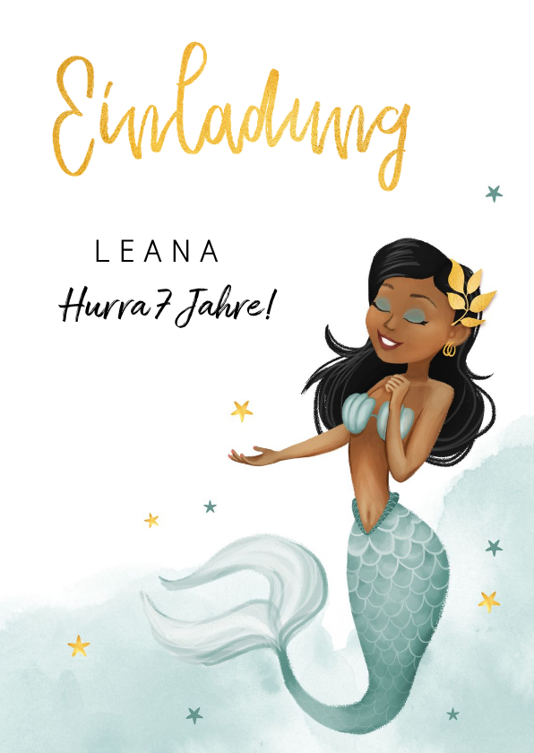 Einladung 7. Kindergeburtstag Meerjungfrau mit Wasserfarbe - Kindergeburtstag Kindergeburtstag - Einladung 7. Kindergeburtstag Meerjungfrau mit Wasserfarbe