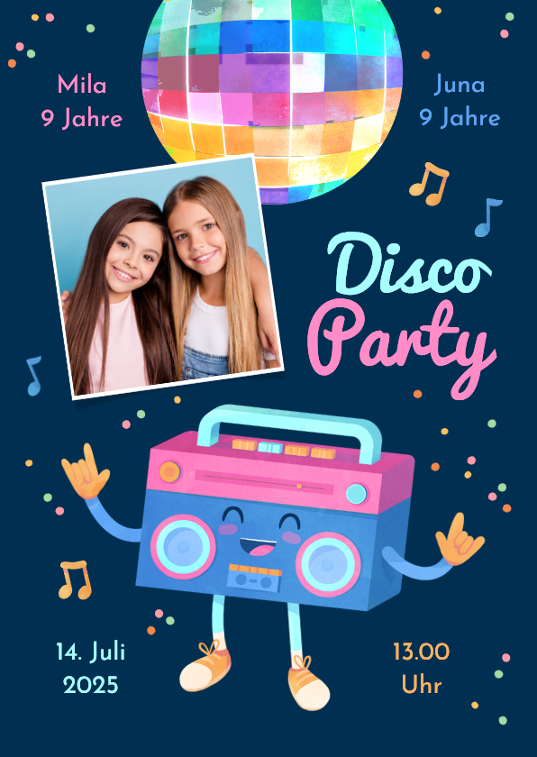 Einladung Disco Party Kindergeburtstag Zwilling mit Foto - Kindergeburtstag Kindergeburtstag - Einladung Disco Party Kindergeburtstag Zwilling mit Foto
