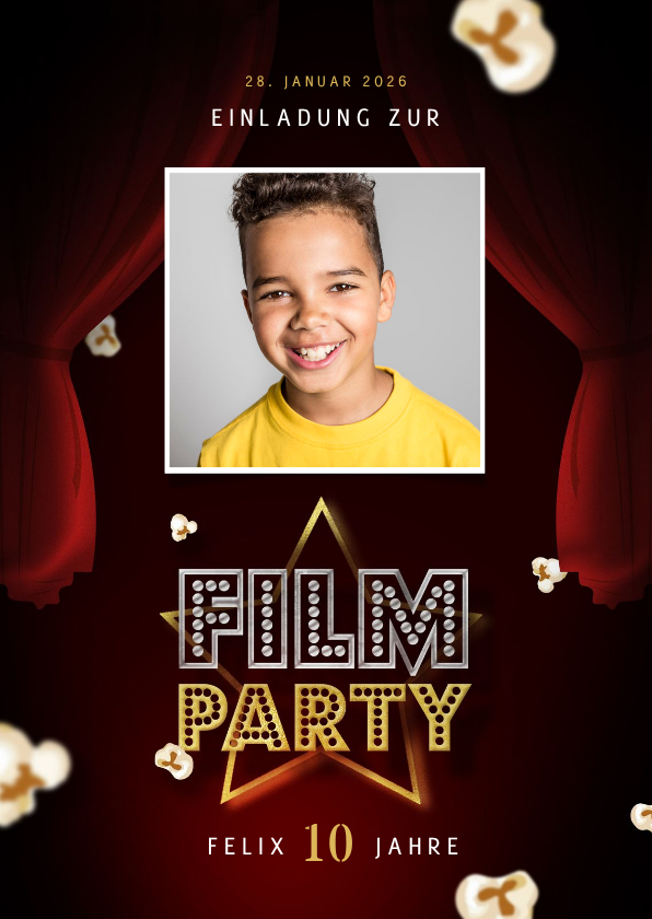Einladung Filmparty 10. Kindergeburtstag mit Foto - Kindergeburtstag Kindergeburtstag - Einladung Filmparty 10. Kindergeburtstag mit Foto