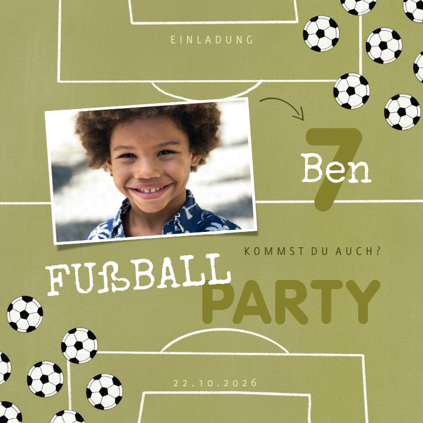 Kindergeburtstag - Einladung Fußball Party mit eigenem Foto 7. Geburtstag