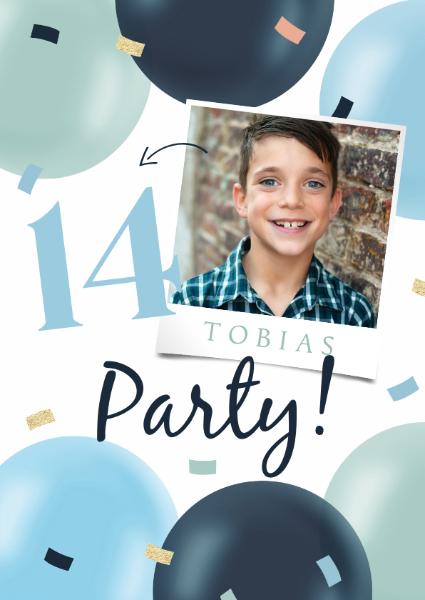 Kindergeburtstag - Einladung Geburtstagsparty Foto und blaue Luftballons