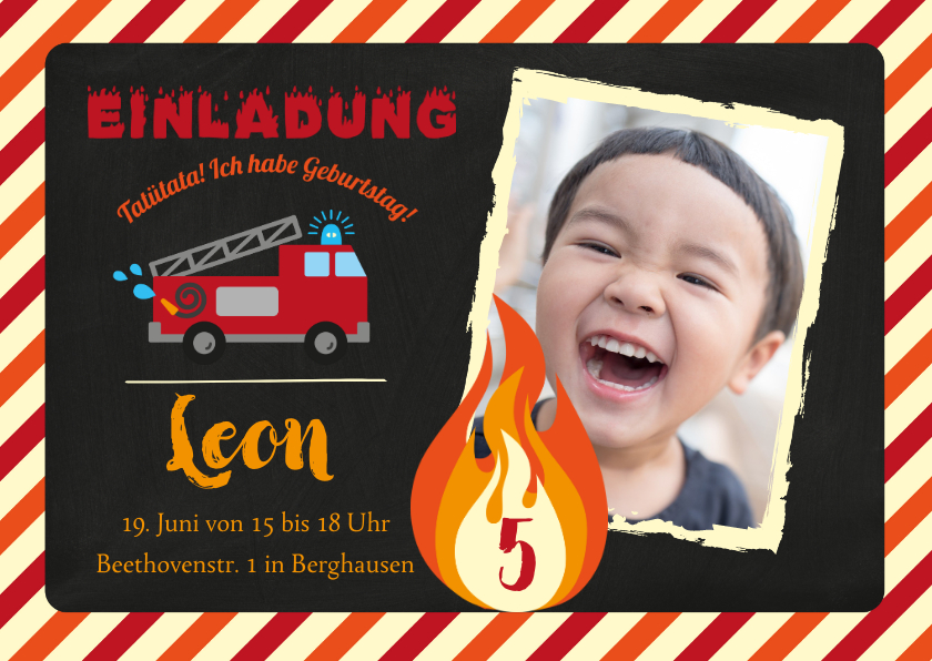 Kindergeburtstag - Einladung Kindergeburtstag Feuerwehr mit Foto