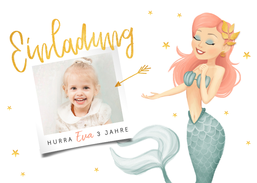 Kindergeburtstag - Einladung Kindergeburtstag Meerjungfrau, Sterne und Foto