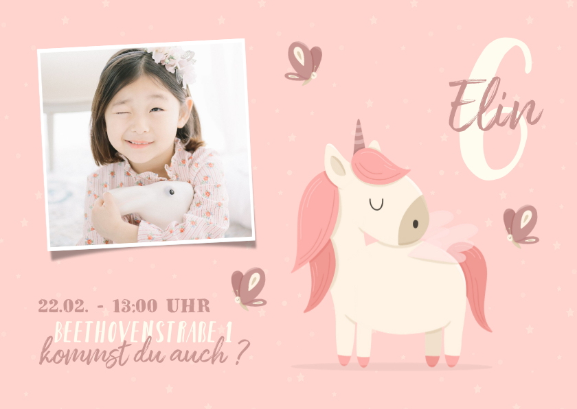 Kindergeburtstag - Einladung Kindergeburtstag mit Foto und Einhorn