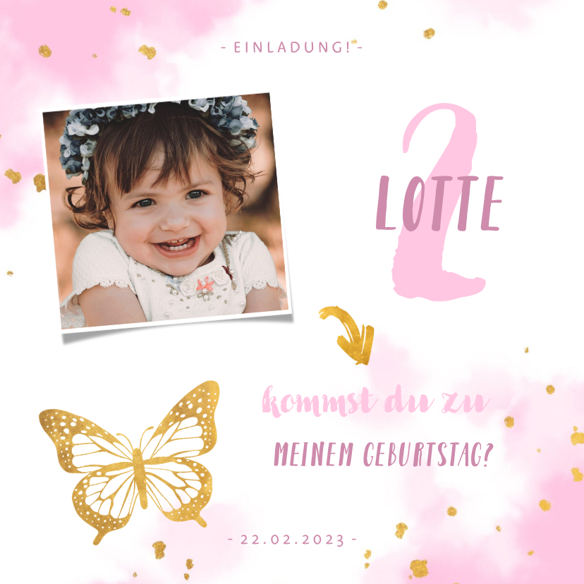 Kindergeburtstag - Einladung Kindergeburtstag mit goldenem Schmetterling