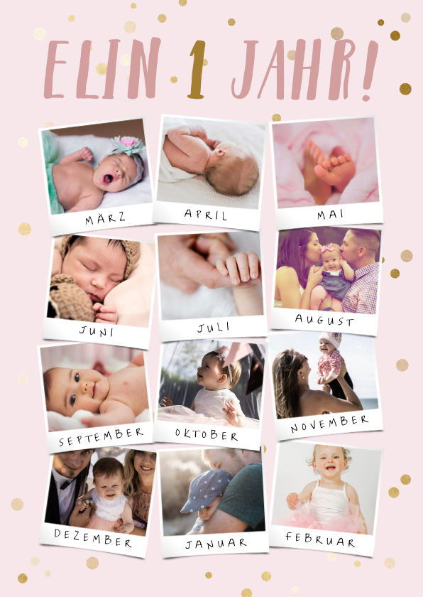 Einladung Kindergeburtstag rosa 12 Monate Fotocollage - Kindergeburtstag Kindergeburtstag - Einladung Kindergeburtstag rosa 12 Monate Fotocollage