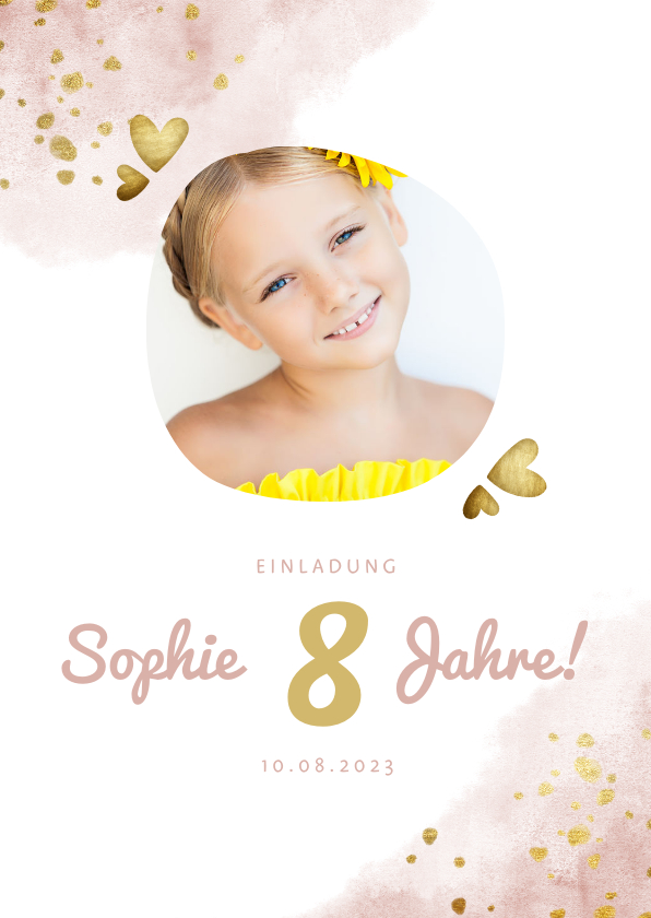 Kindergeburtstag - Einladung Kindergeburtstag rundes Foto und goldene Herzen