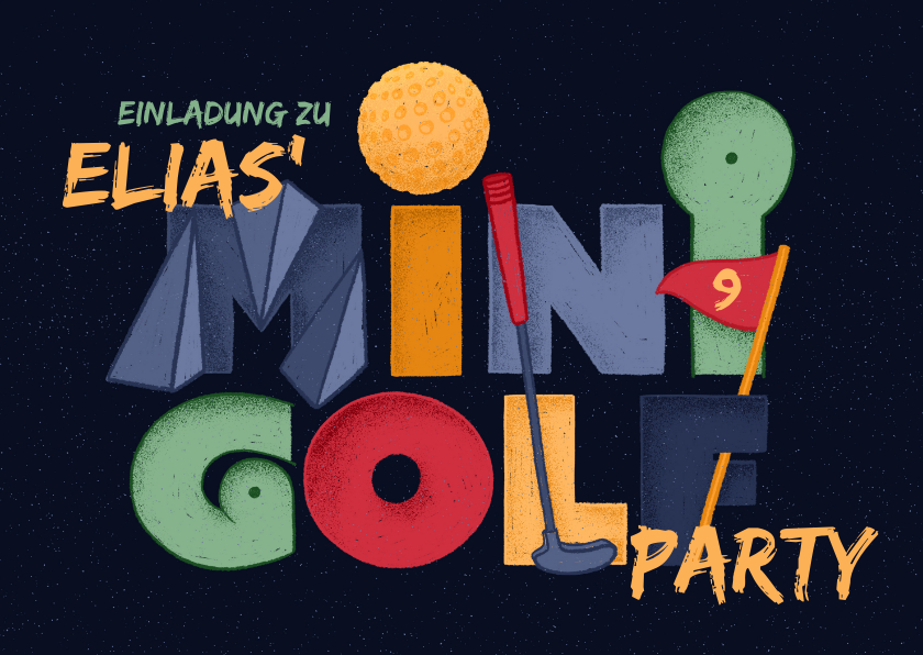 Kindergeburtstag - Einladung Minigolf-Party - Funky Lettering
