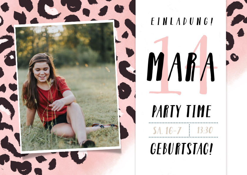 Kindergeburtstag - Einladung zum 14. Geburtstag rosa Leopardenmuster