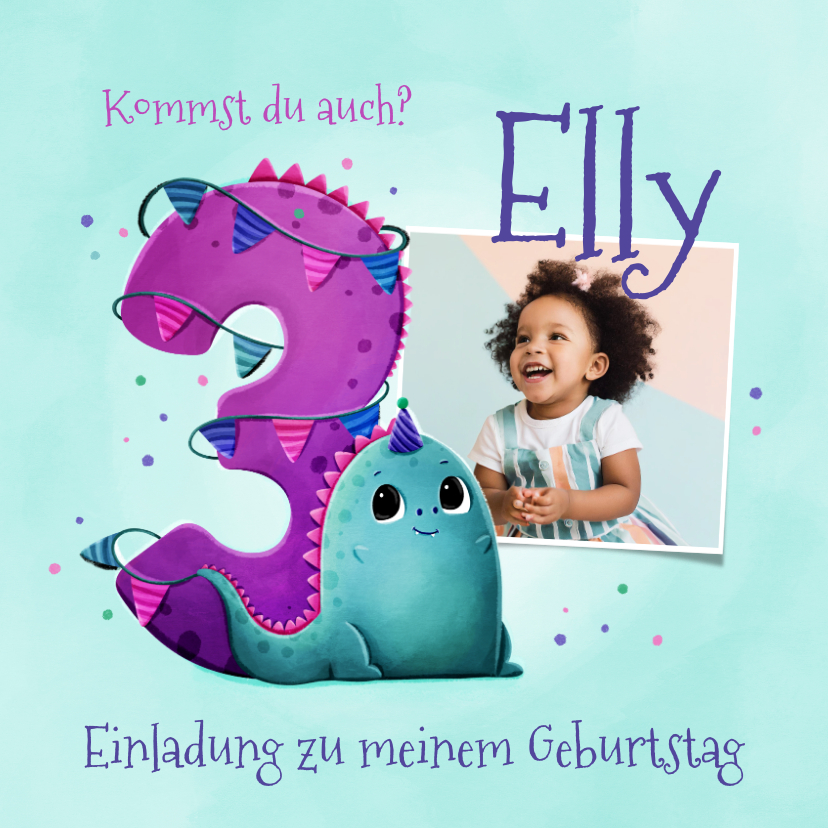 Kindergeburtstag - Einladung zum 3. Geburtstag kleiner Dino & Foto