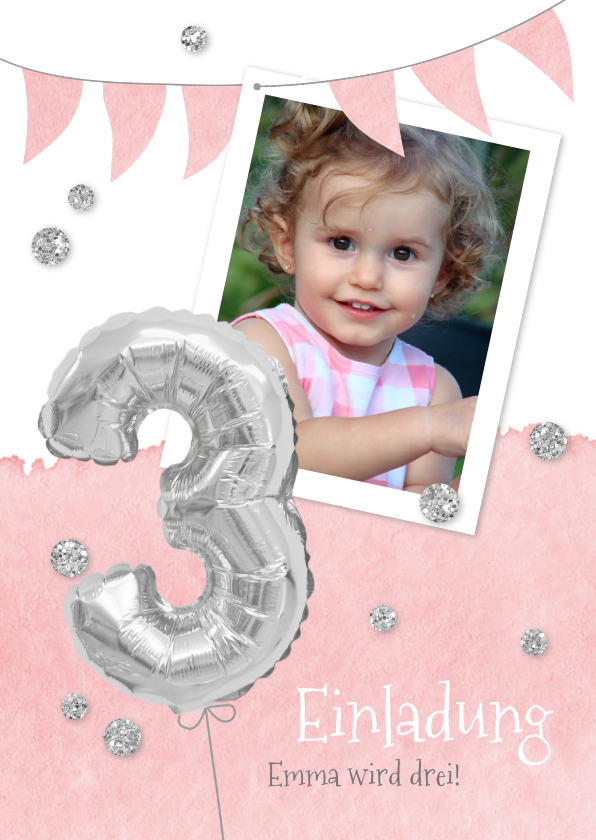 Kindergeburtstag - Einladung zum 3. Geburtstag mit Foto und Silberballon