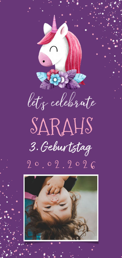 Einladung zum 3. Kindergeburtstag lila Einhorn und Konfetti - Kindergeburtstag Kindergeburtstag - Einladung zum 3. Kindergeburtstag lila Einhorn und Konfetti