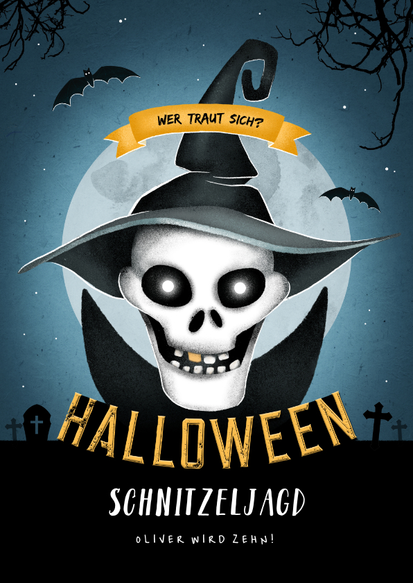 Kindergeburtstag - Einladung zum Kinder-Halloween-Fest Totenkopf mit Hut