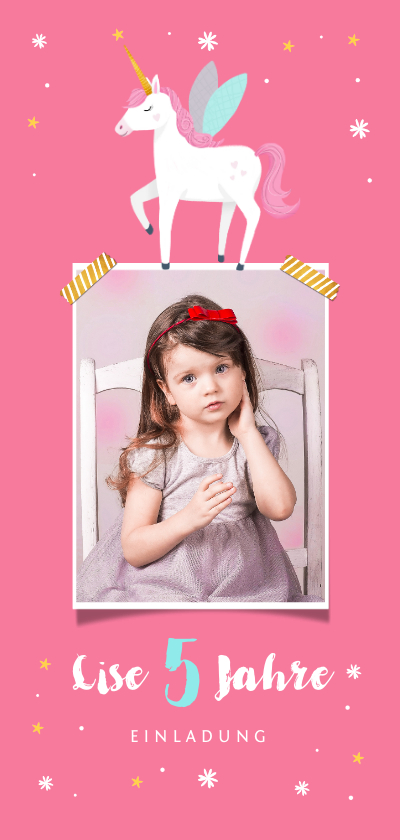 Kindergeburtstag - Einladung zum Kindergburtstag Foto und Einhorn rosa
