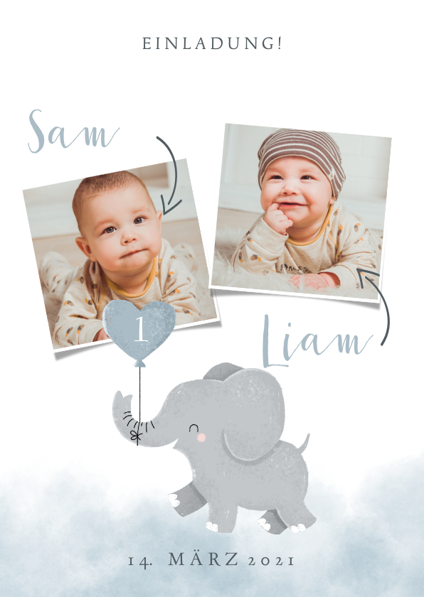 Kindergeburtstag - Einladung zum Kindergeburtstag Aquarellblau für Zwillinge