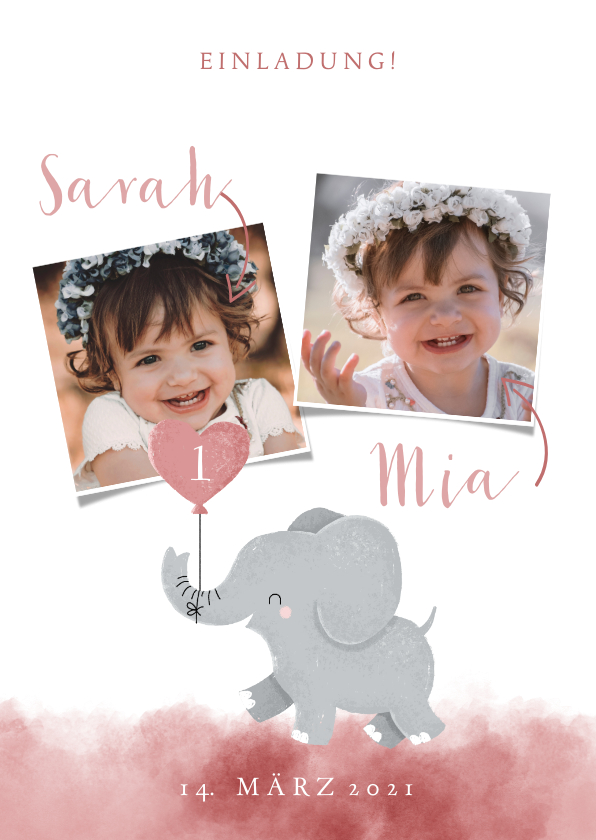Kindergeburtstag - Einladung zum Kindergeburtstag Aquarellrosa für Zwillinge 