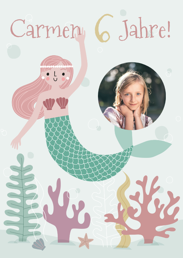 Kindergeburtstag - Einladung zum Kindergeburtstag mit Foto und Meerjungfrau