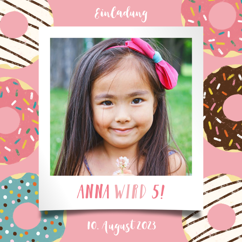 Kindergeburtstag - Einladung zum Kindergeburtstag Polaroidfoto und Donuts