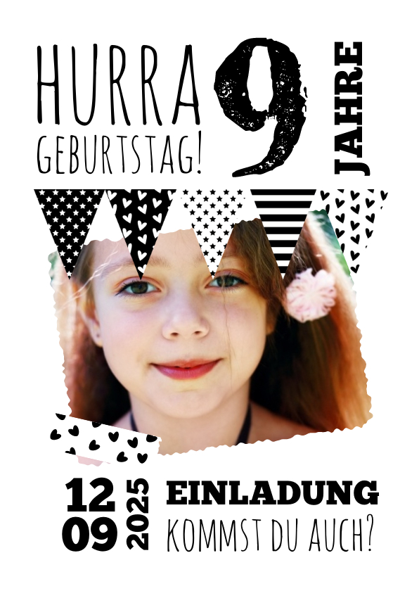 Kindergeburtstag - Einladung zum Kindergeburtstag Schwarzweiß mit Foto