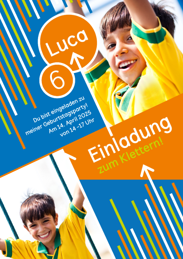 Kindergeburtstag - Einladung zum Klettern blau-orange mit Fotos