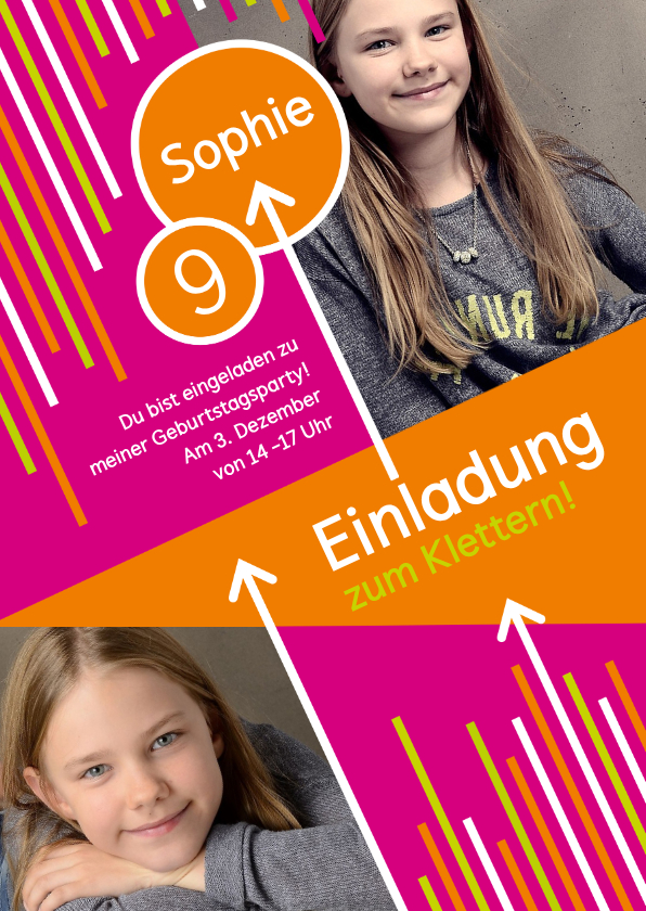 Kindergeburtstag - Einladung zum Klettern pink-orange mit Fotos
