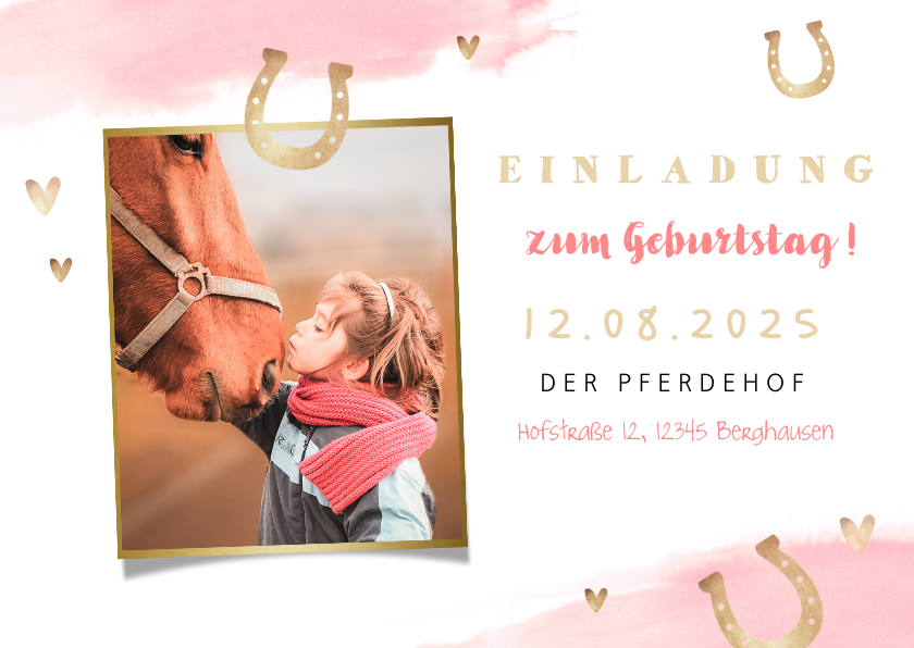 Kindergeburtstag - Einladung zum Pferdegeburtstag mit Foto und Hufeisen