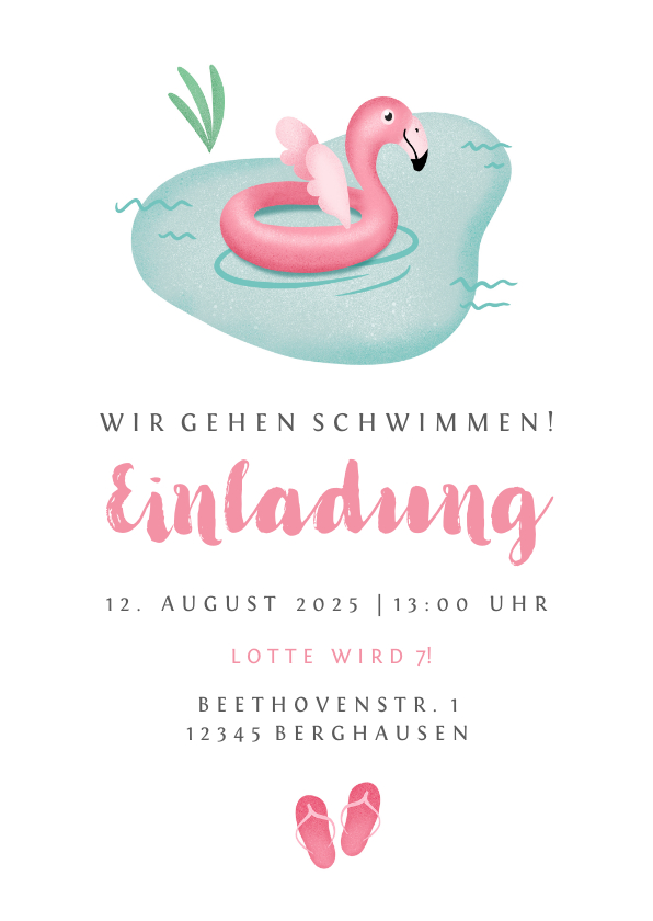 Kindergeburtstag - Einladung zum Schwimm-Kindergeburtstag Flamingo
