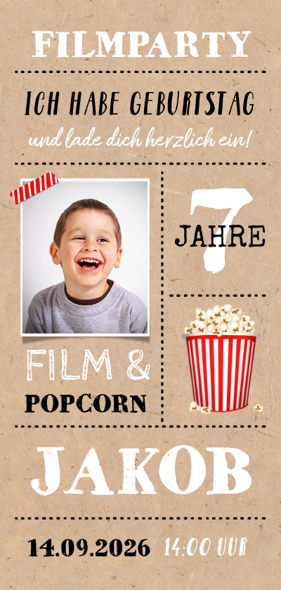 Kindergeburtstag - Einladung zur Filmparty mit Foto 7. Geburtstag