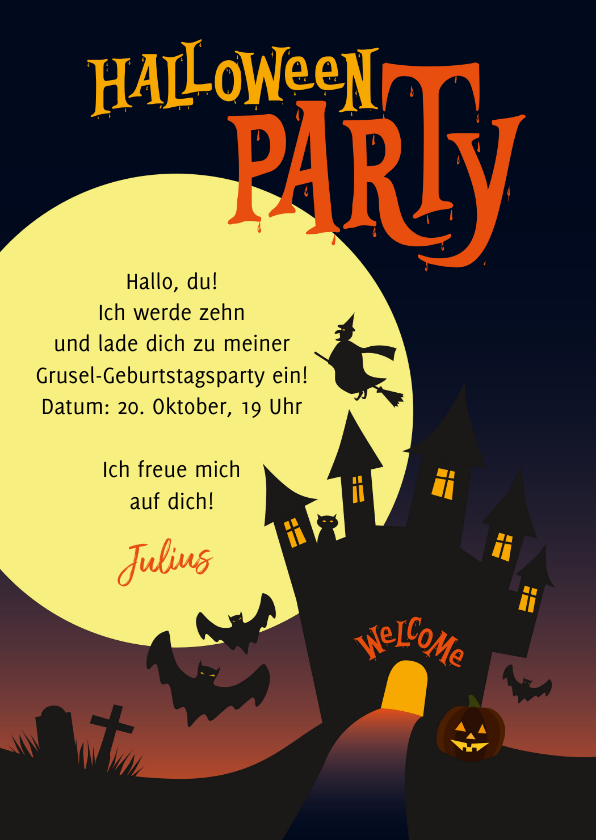 Kindergeburtstag - Einladung zur Halloween-Party für Kinder Geisterhaus