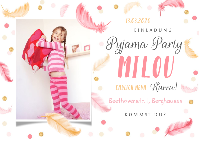 Kindergeburtstag - Einladung zur Übernachtungsparty Federn, Foto & Konfetti