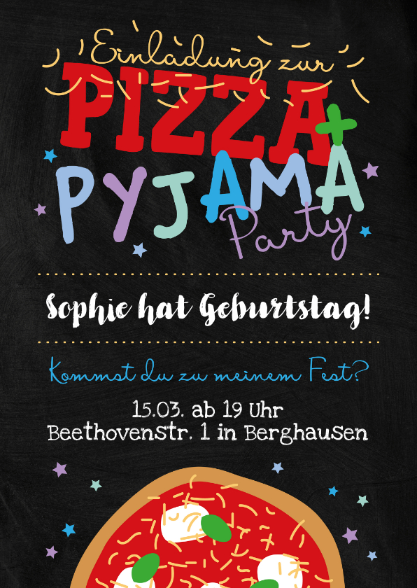 Kindergeburtstag - Einladung zur Übernachtungsparty Pizza & Pyjama