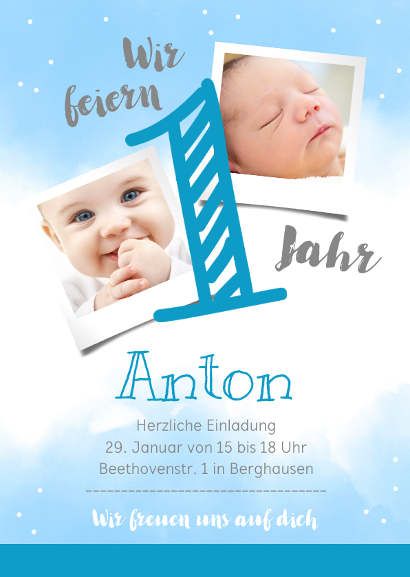 Kindergeburtstag - Einladungskarte 1. Geburtstag blaue Wasserfarbe mit Fotos