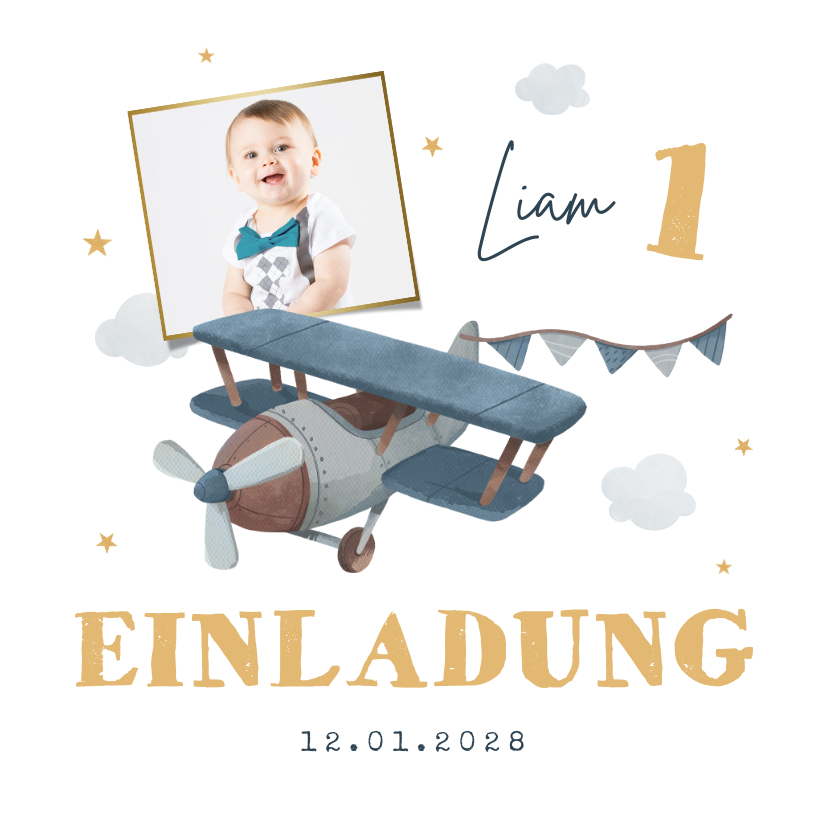 Kindergeburtstag - Einladungskarte 1. Geburtstag Flugzeug und Foto