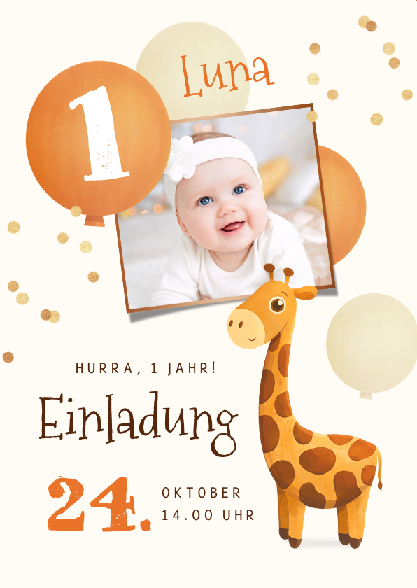 Kindergeburtstag - Einladungskarte 1. Geburtstag Foto & Giraffe