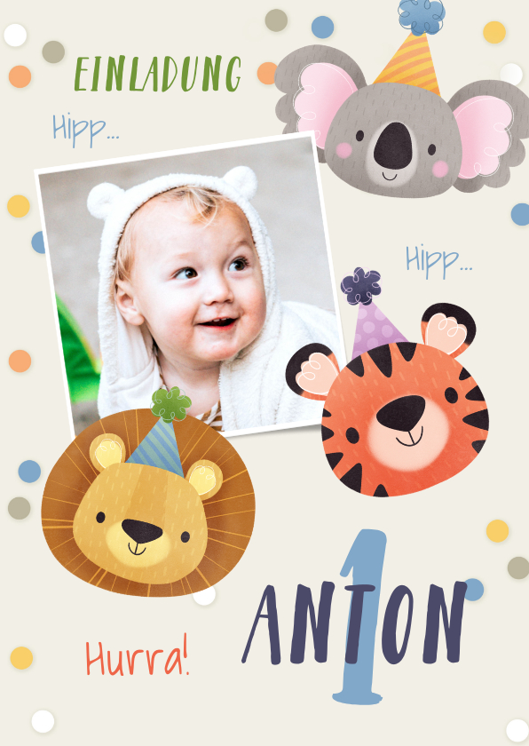 Kindergeburtstag - Einladungskarte 1. Geburtstag lustige Tiere