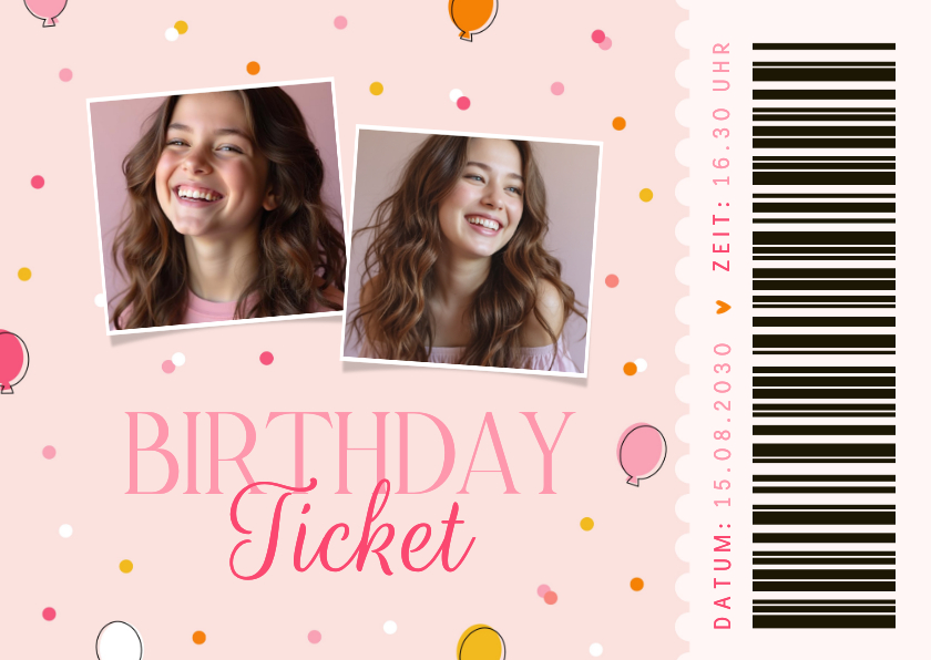 Einladungskarte Geburtstags-Ticket mit Fotos in Rosa - Kindergeburtstag Kindergeburtstag - Einladungskarte Geburtstags-Ticket mit Fotos in Rosa