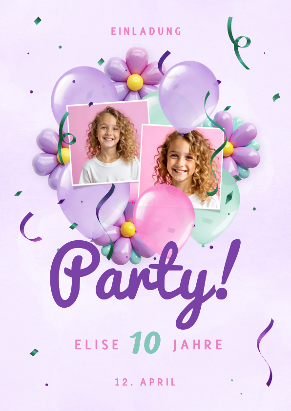 Einladungskarte Kindergeburtstag Party Blumen Luftballons - Kindergeburtstag Kindergeburtstag - Einladungskarte Kindergeburtstag Party Blumen Luftballons