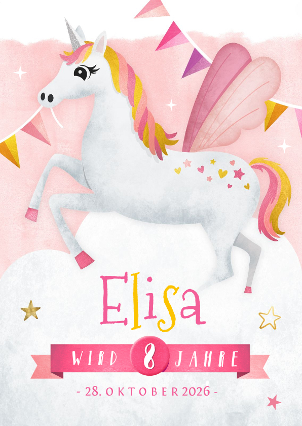 Kindergeburtstag - Einladungskarte Kindergeburtstag rosa Einhorn und Girlanden