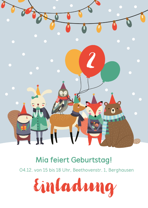 Kindergeburtstag - Einladungskarte Kindergeburtstag Wintertiere mit Luftballons
