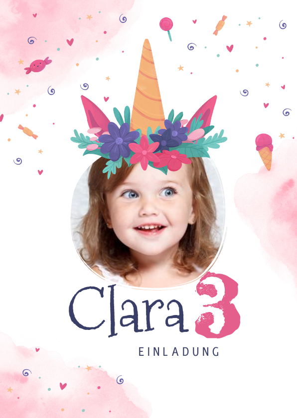 Kindergeburtstag - Einladungskarte Mädchen Geburtstag Einhorn mit Foto