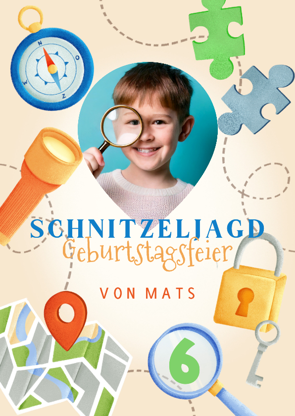 Einladungskarte Schnitzeljagd Kindergeburtstag mit Foto - Kindergeburtstag Kindergeburtstag - Einladungskarte Schnitzeljagd Kindergeburtstag mit Foto