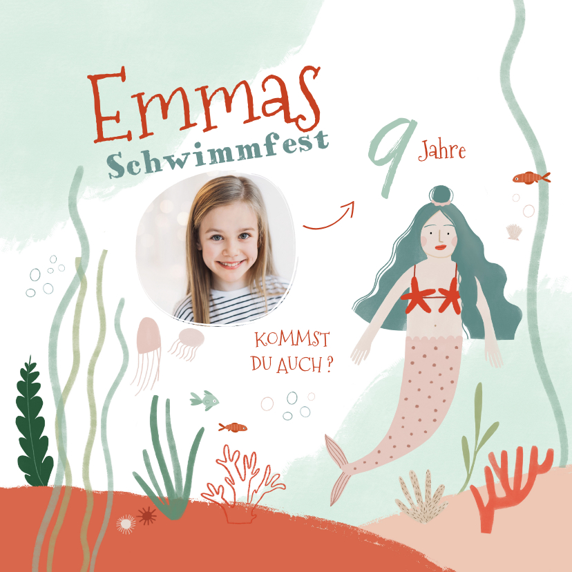 Kindergeburtstag - Einladungskarte Schwimmfest Meerjungfrau und Foto