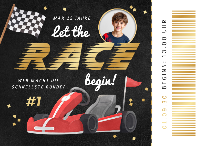 Einladungskarte Ticket Race Kart fahren mit Foto - Kindergeburtstag Kindergeburtstag - Einladungskarte Ticket Race Kart fahren mit Foto