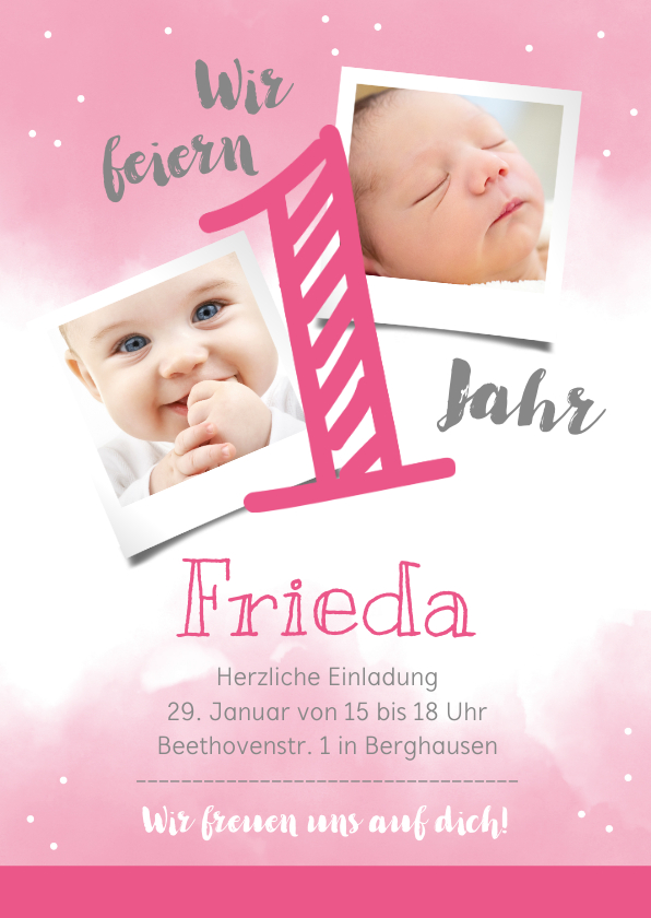 Kindergeburtstag - Einladungskarte zum 1. Geburtstag rosa Wasserfarbe mit Fotos