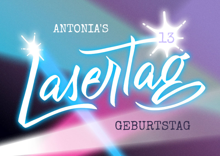 Kindergeburtstag - Einladungskarte zur Lasertag-Party mit Lettering