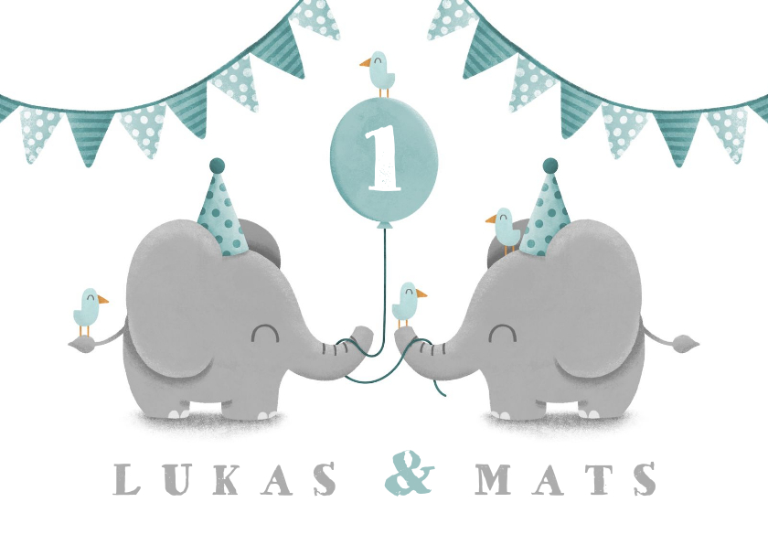 Kindergeburtstag - Einladungskarte Zwillinge blau Elefanten mit Luftballon 